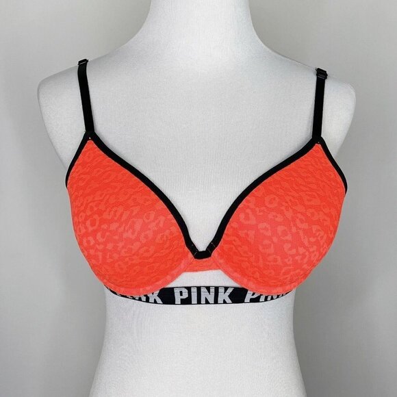 Victorias Secret PINK Push Up Bra Size 32D Neon Orange Leopard Logo - Picture 1 of 9